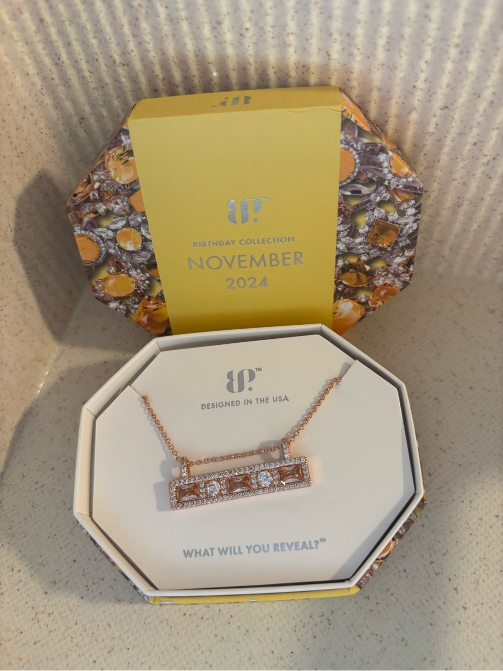 Rose Gold Bar Necklace with Champagne and Clear Stones by Bomb Party NEW - Picture 2 of 3